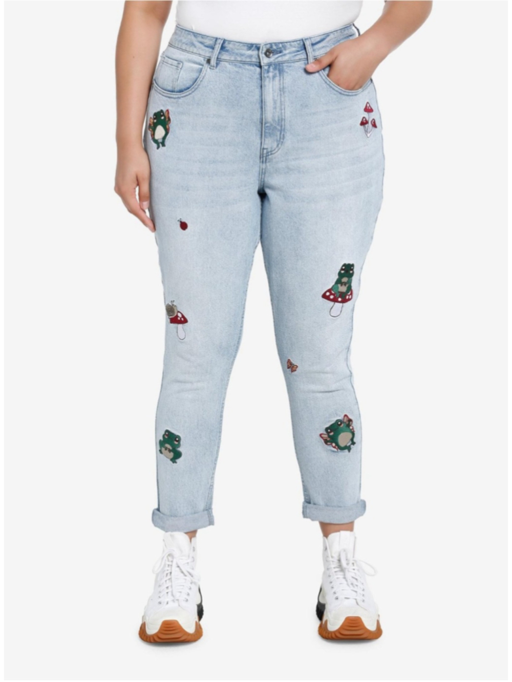 Hot Topic Light Indigo Blue Frog Mushroom Embroidered Mom Jean Sz 22 Whimsical